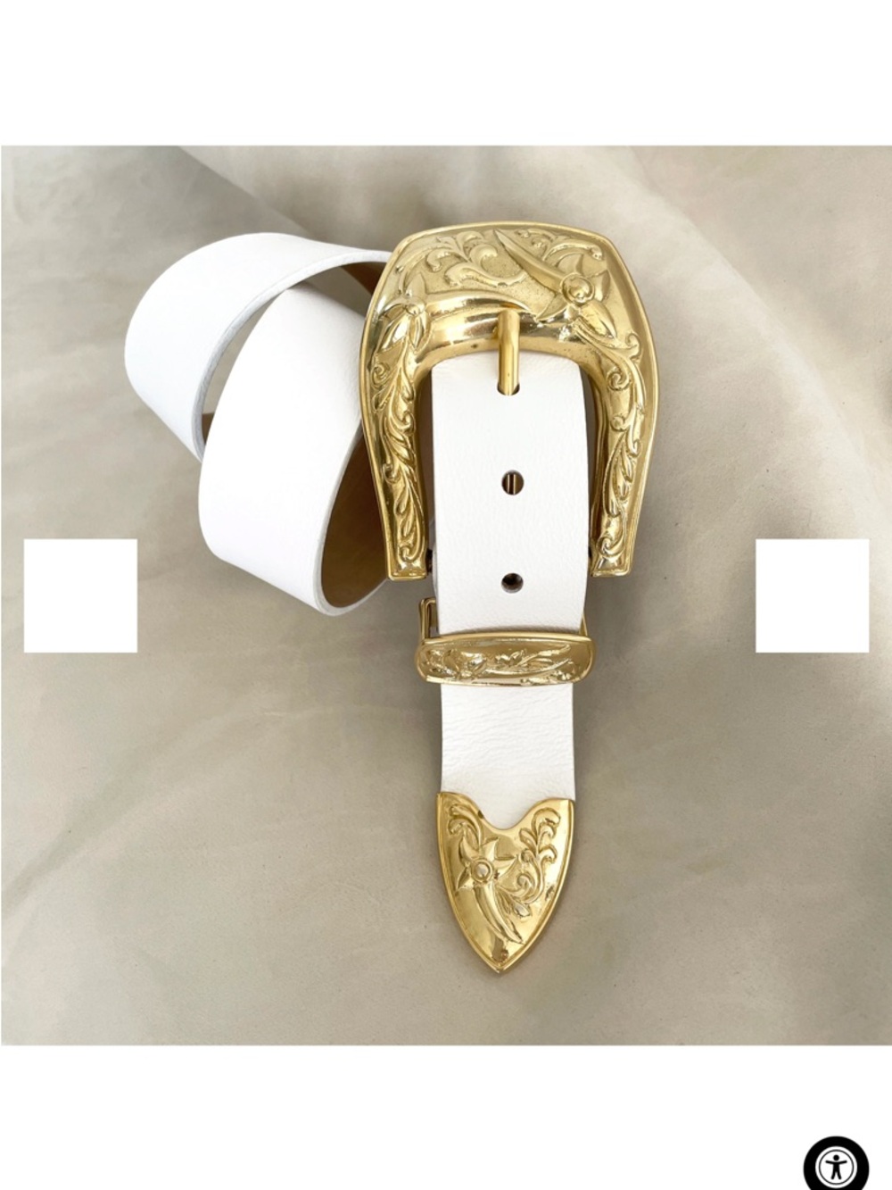 Streets Ahead White Leather Belt with Ornate Gold Western Buckle - Picture 2 of 4